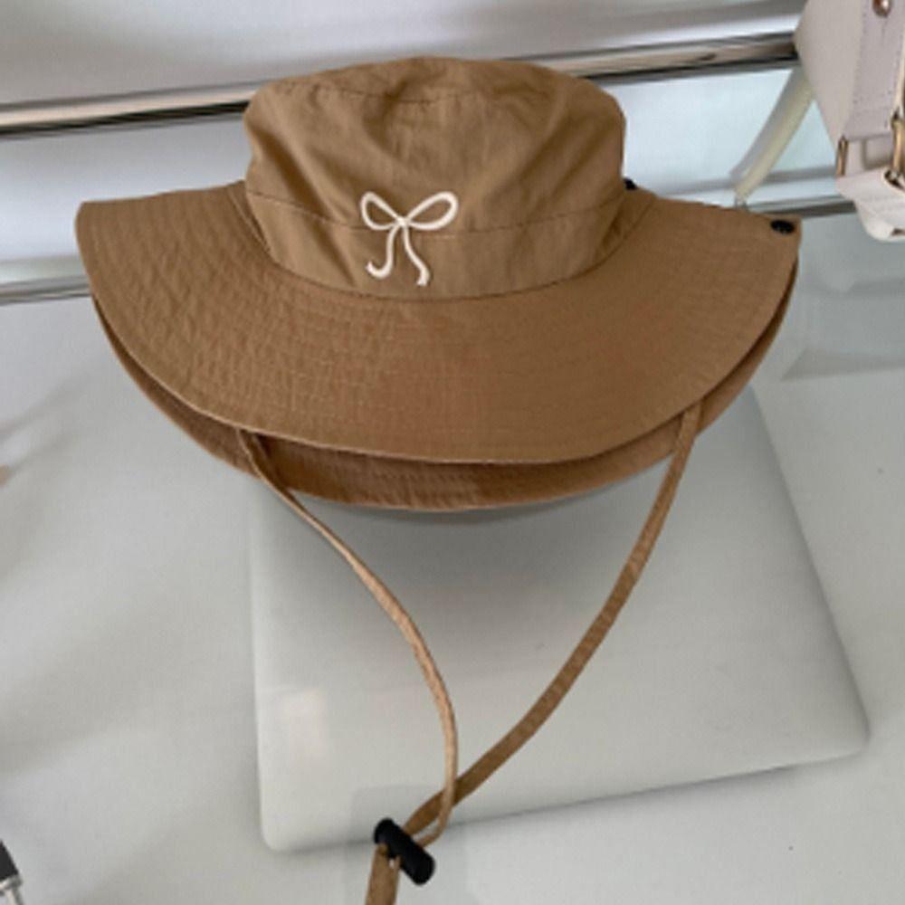 New Cute Pink Bow Strap Bucket Hats for Women 2025 Summer Outdoor Camping Sunscreen Quick Drying Breathable Fishing Caps