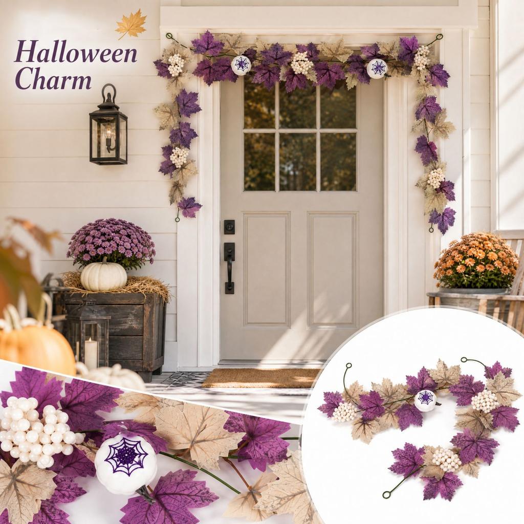 Artificial Pumpkin Maple Leaf Garland for Halloween Fireplace Mantel Door Home Decor