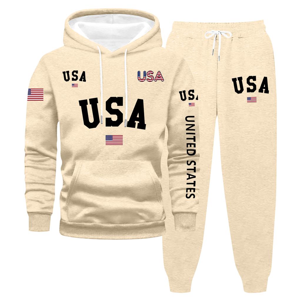 Men's Large Size Solid Color Printed Sweatshirt Set Men's Casual Sports Suit Sweatshirt Set
