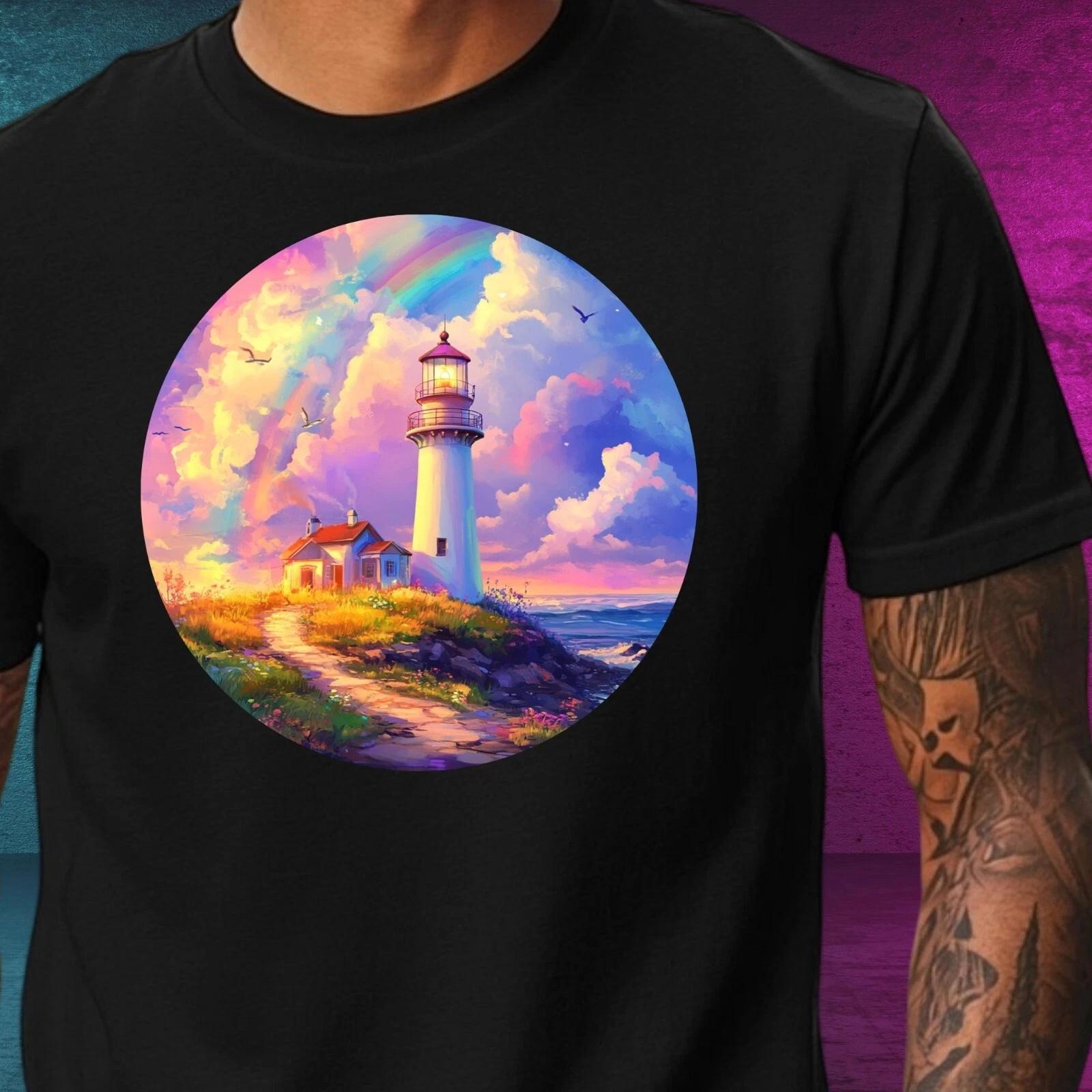 T-Shirt Herren Regenbogen Leuchtturm Motiv Baumwolle Größe XS bis 5XL M