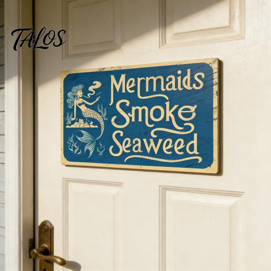 Handcrafted Metal Sign Mermaids Smoke Seaweed Rustic Wall Vintage Decorative Funny Doorbell Retro Nautical Art for Bedroom Living Room Coastal