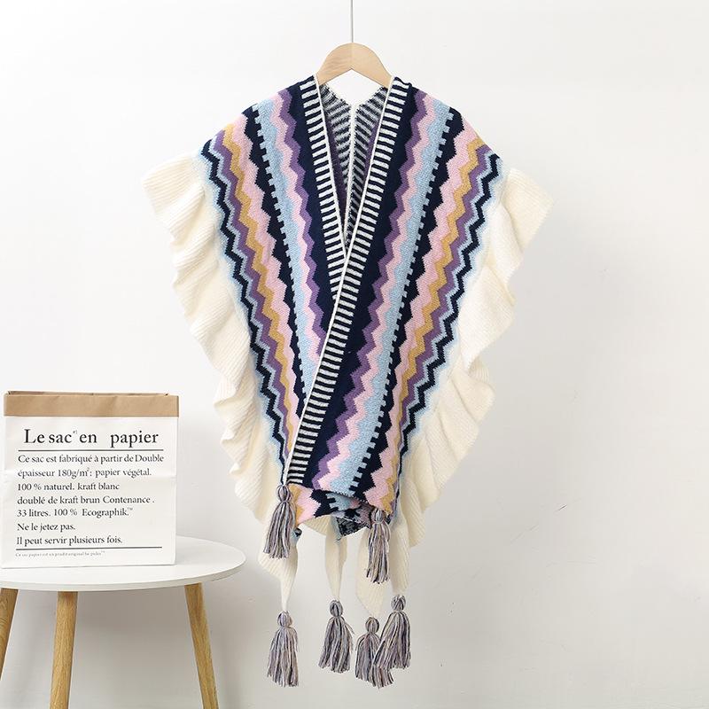 Ruffled Ethnic-Style Knitted Shawl for Travel - Warm & Thickened