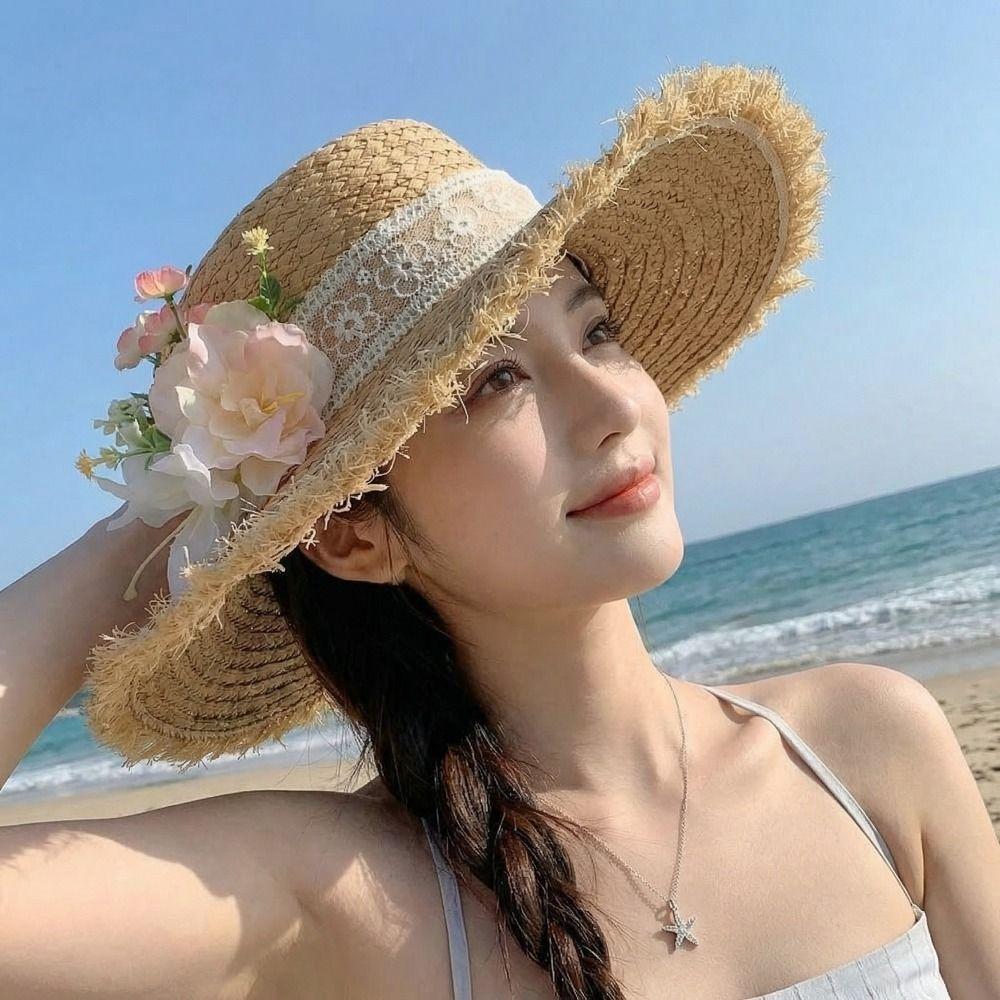 Boho Lace Flower Straw Hat Tassel Edge Women's Sun Hats Fashion Weave Flat Cap Outdoor