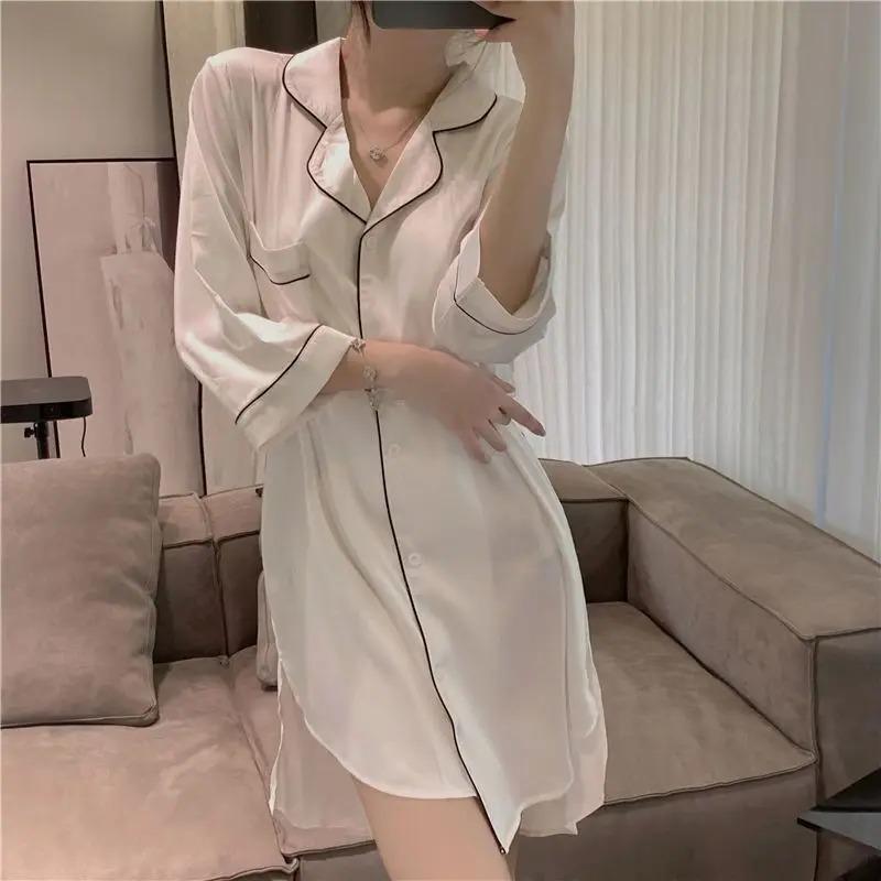 New Women's Nightgown  Silk Sexy Summer Pajamas Women's Sexy Pajamas Shirt Nightgown Silk Homewear Spring and Autumn Dresses