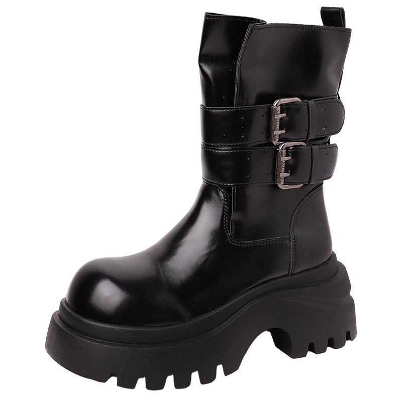 Autumn and winter fashion versatile leather boots British style thick-soled Martin boots women's belt buckle European and American style fashion bo