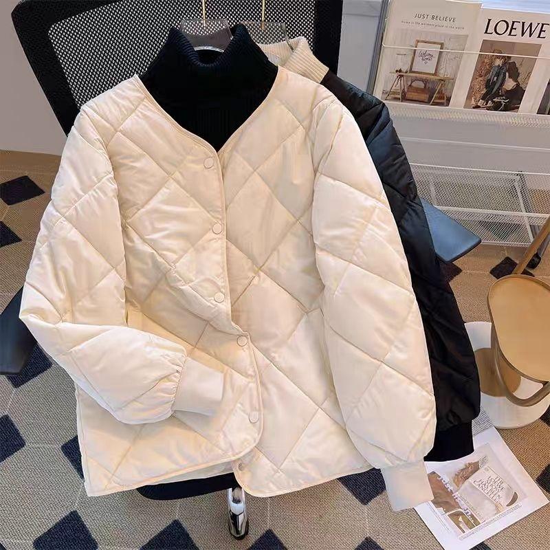 Women's Autumn Winter Solid Color Diamond Pattern Collarless Crew Neck Fashion Short Cotton Padded Jacket Lightweight Cotton Coat Outerwear