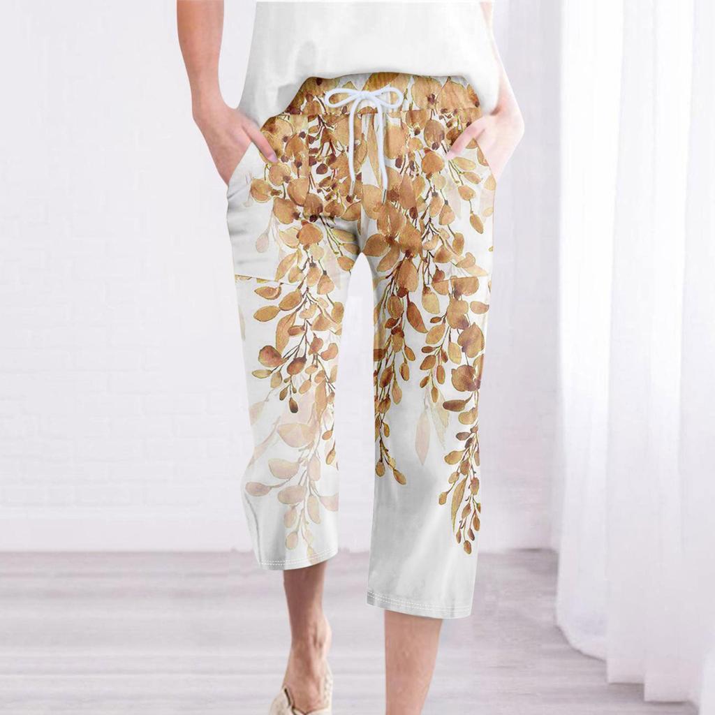 Pants For Women Casual Summer Printed Cotton And Linen Loose Pants Pocket Mid Leg Pants