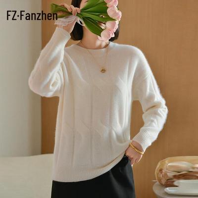 Fanzhen Women's Chunky 100% Wool Round Neck Pullover Sweater