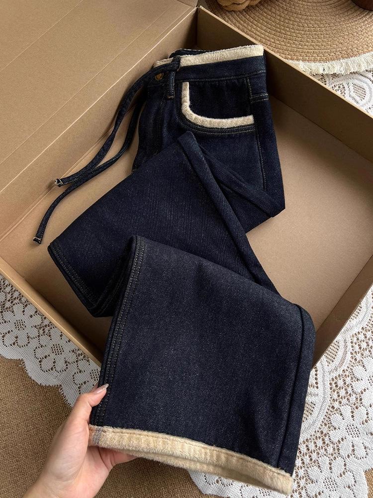 Women s Dark Blue Velvet High-Waist Wide-Leg Jeans - Plus Size, Autumn/Winter M