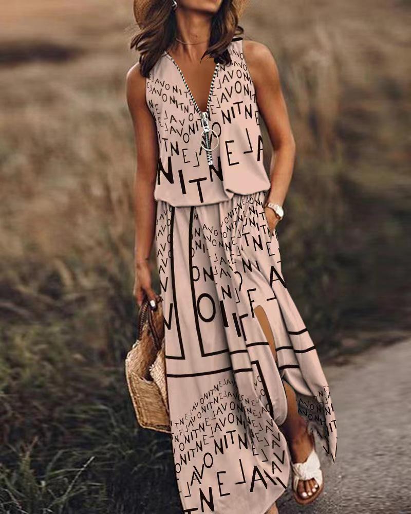 2023 Summer Sleeveless Long Dress: Fashionable Women's Casual Printed Dress with Waist-Cinching Zipper