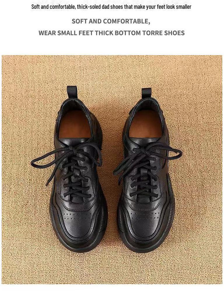 Women's New 2025 Autumn/Winter Black Genuine Leather Thick-Soled Dad Shoes: Versatile, Stylish, and Casual.