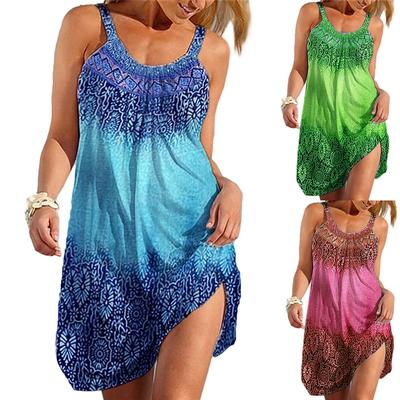 Sexy Off Shoulder Sleeveless Beach Dress Summer Dress  Women Sundress Bohemian Print Casual A-line Dress Plus Size