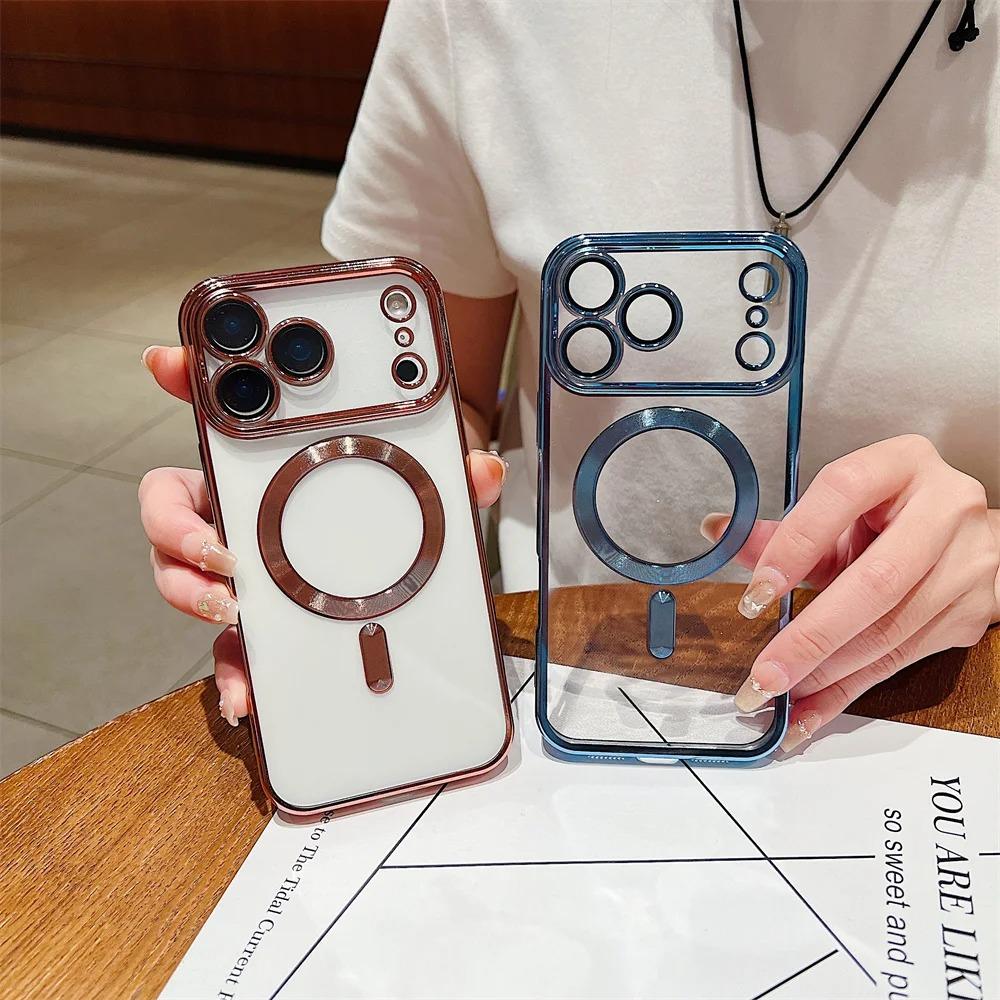 Popular Plating Transparent Wireless Charging Case For iPhone 17 Air 16/E 15 14 Plus 13 12 11 Pro Max Shockproof Anti-Fall Cover