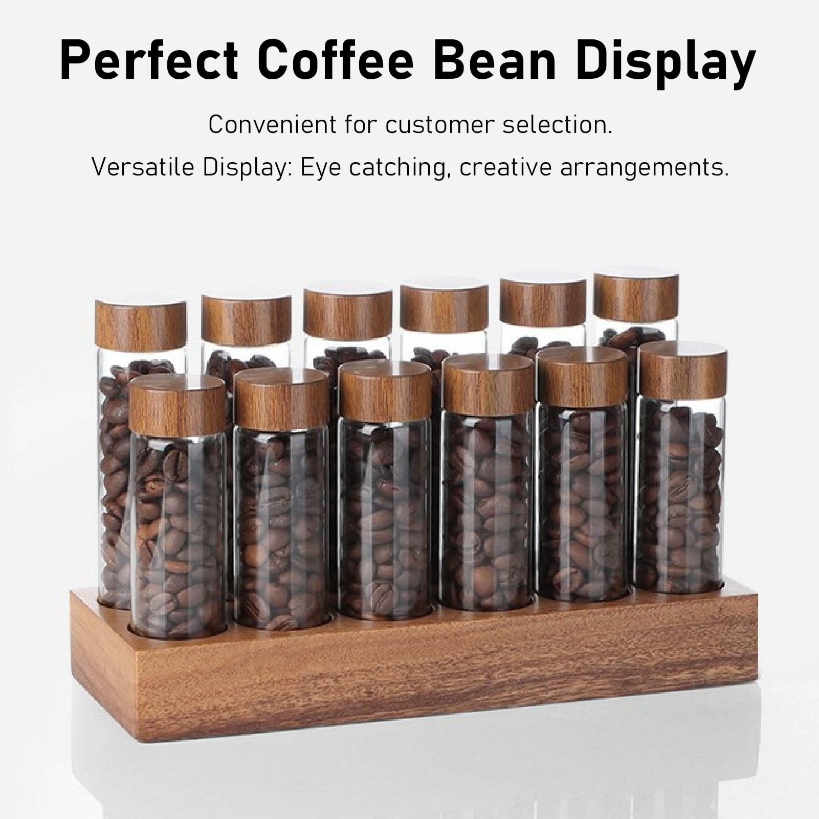 

Wooden Base Coffee Bean Display Stand with 12 Clear Glass Tubes and Funnel for Cafe Bar Counter Storage Wood Color