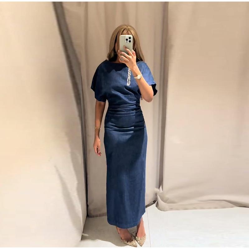 

Женское плиссированное платье с короткими рукавами и широким круглым вырезом, однотонное, повседневное, женское платье, летний новый наряд, женская повседневная одежда для поездок на работу L синий