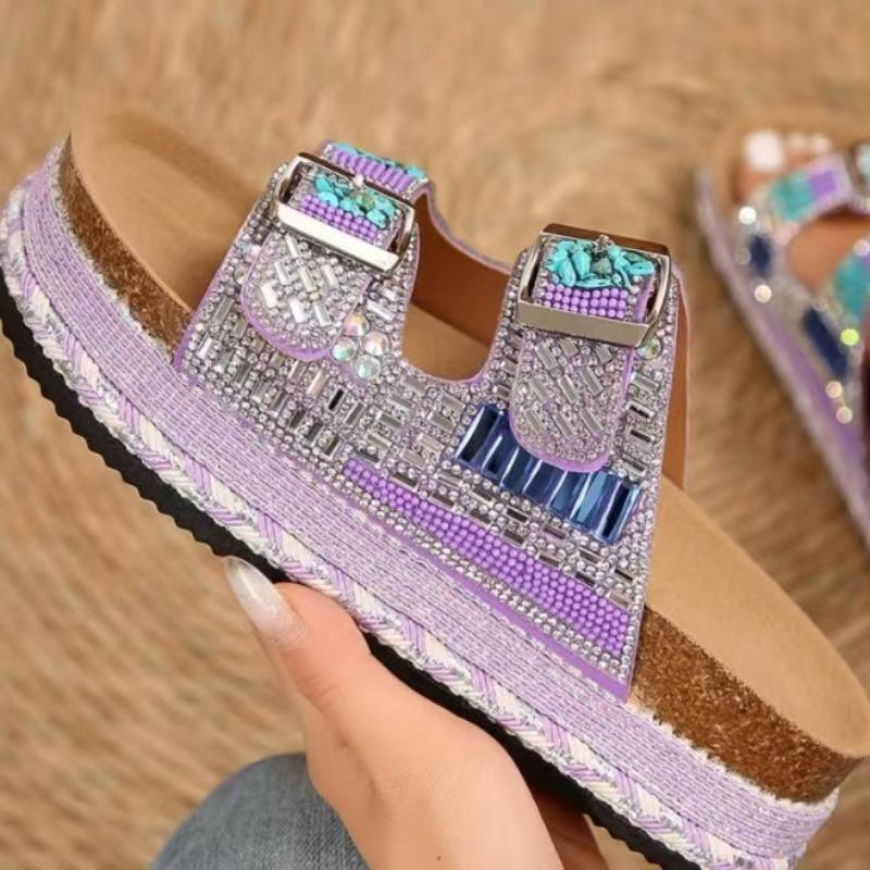 New Style Chunky Sole Hemp Rope Double Buckle Rhinestone Beach Sandals - Plus Size Women's Shoes