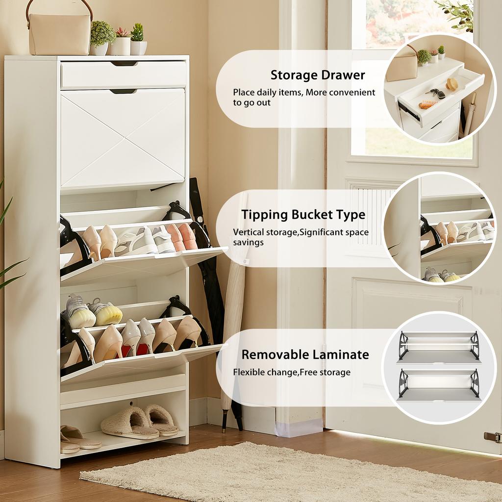 3 Drawer Blister Shoe Rack Cabinet, Wooden Shoe Cabinet with Pull-Out Shelf on Top, 2 Levels, White