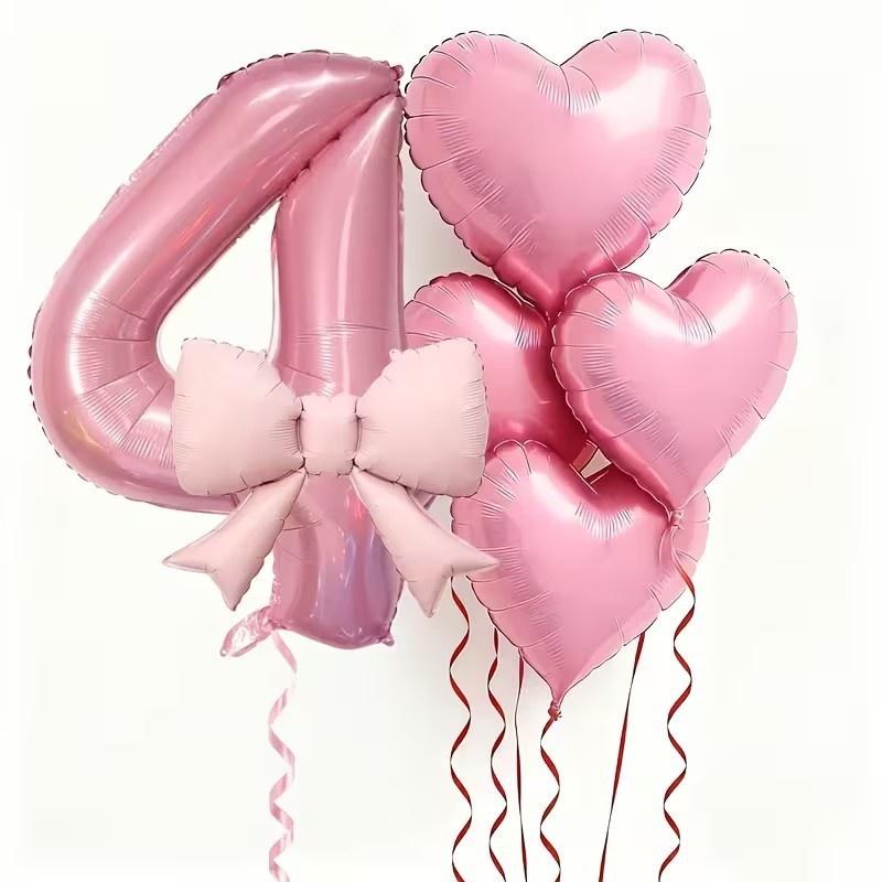 6/7Pcs Birthday Party Wedding Engagements Anniversaries Decor Pink Bow Heart Balloon With 32Inch Pink Number Foil Balloon