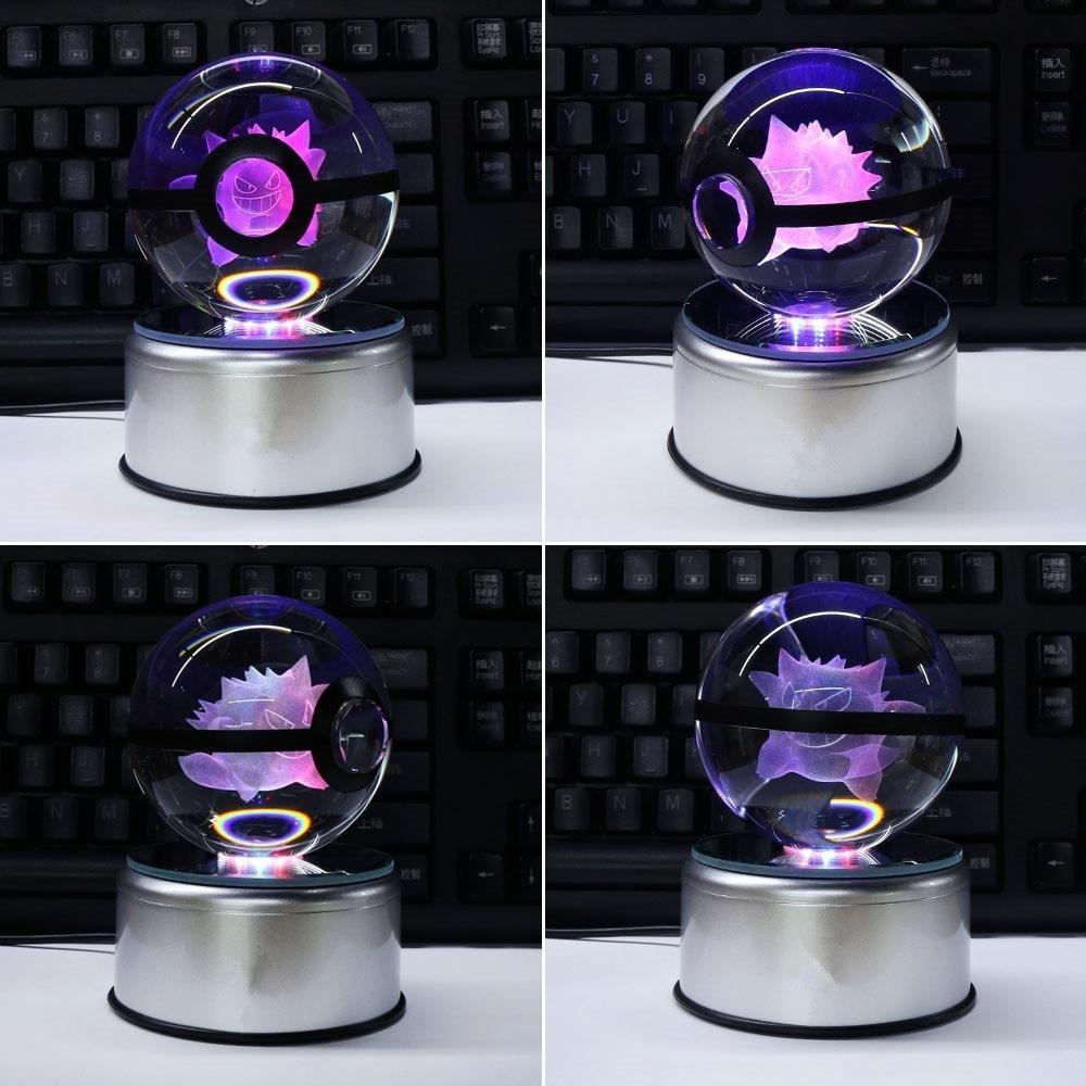 5cm  3D Crystal Ball Pikachu Eevee Mewtwo Carving Model LED Color Light Base Children's Gift Fans Toy Birthday Gift