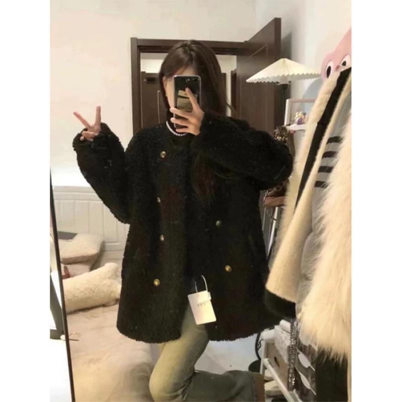 Women s Black Lambswool Double-Breasted Coat - Thick Padded, Round Neck, Autumn/Winter 2025 2XL чёрный