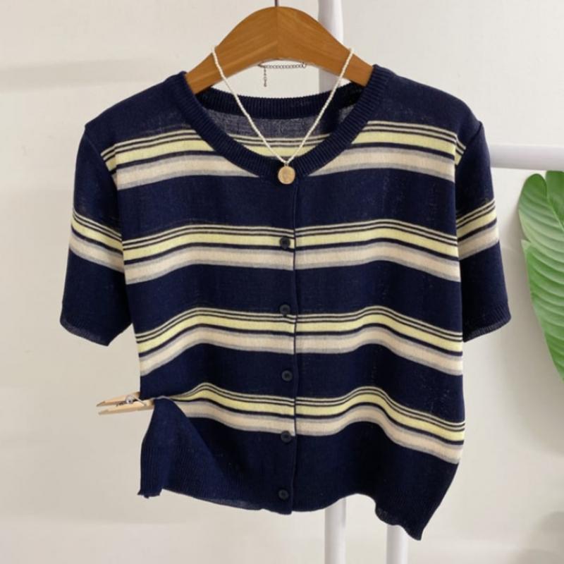 Honey J Women Tezert Color Block Stripe Short Sleeve Cardigan  4 Colors 