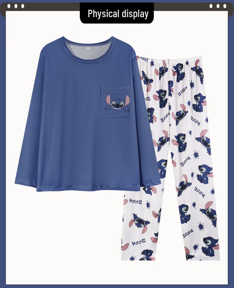 Women's Cartoon Stitch Pajama Set - Long Sleeve & Pants, Wearable Outdoors, Loose Fit for Autumn/Winter.