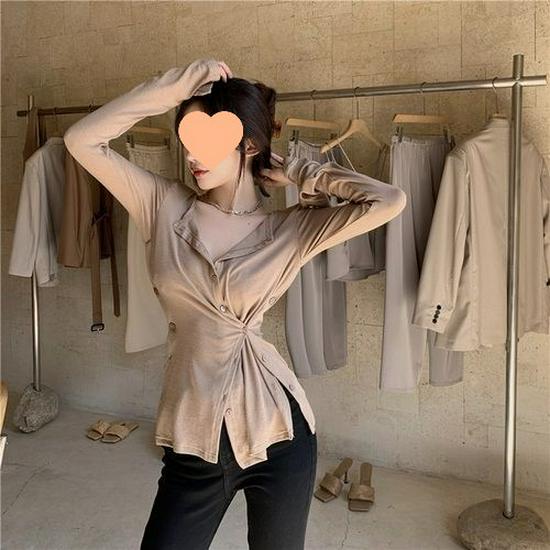 2023 Women's Autumn Korean Style Long-Sleeve Knit T-Shirt with Padded Shoulders, Slim Fit