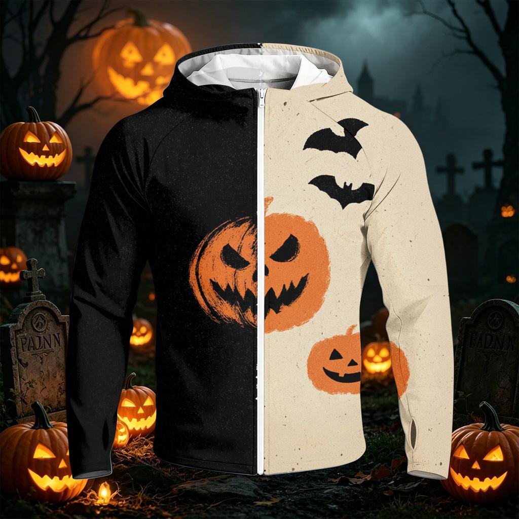 Men Raglan Sleeve Hooded Sun Jacket Halloween Pumpkin Print Casual Lightweight Zipper Outerwear Top