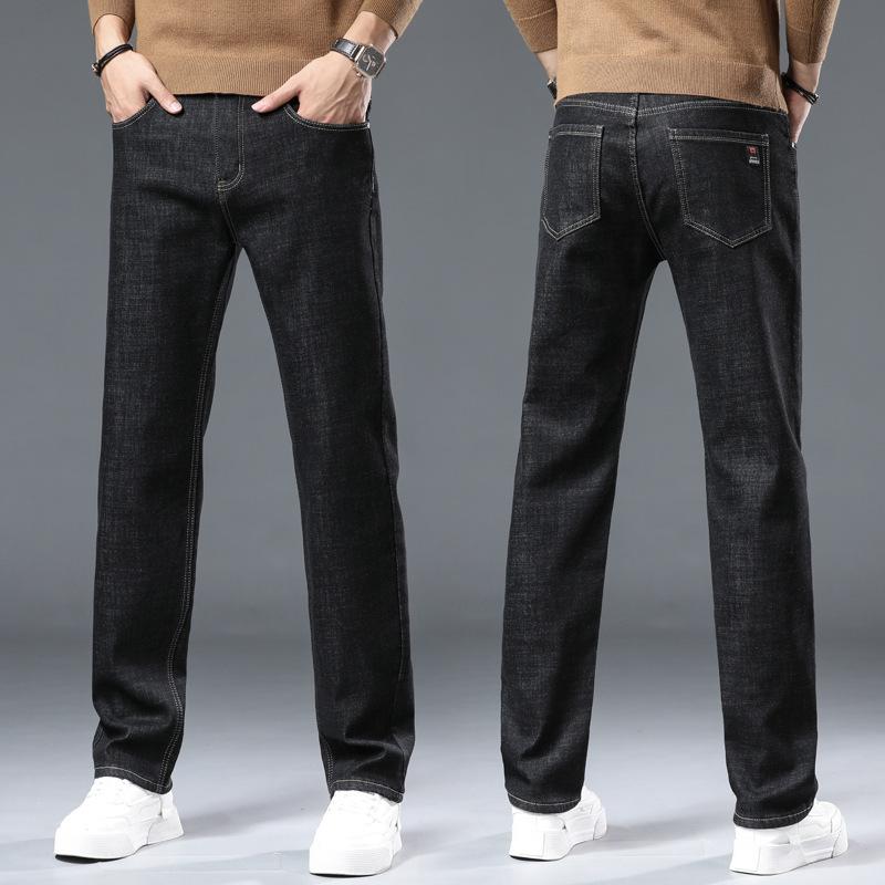Winter Fleece-Lined Thickened Denim Trousers for Men Loose Straight-Leg Stretch Trousers New Arrival Warm Long Trousers
