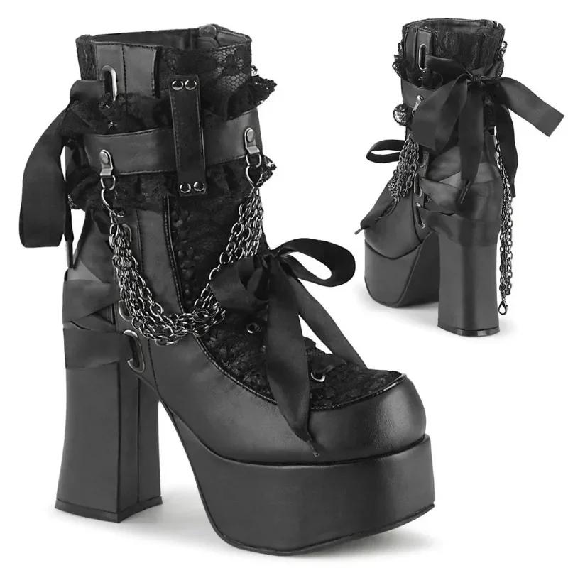 Fashion Bowknot Ankle Boots Women Gothic Vintage Round Parker Square Heel Platform Flat Boots Punk Ladies Party Shoes