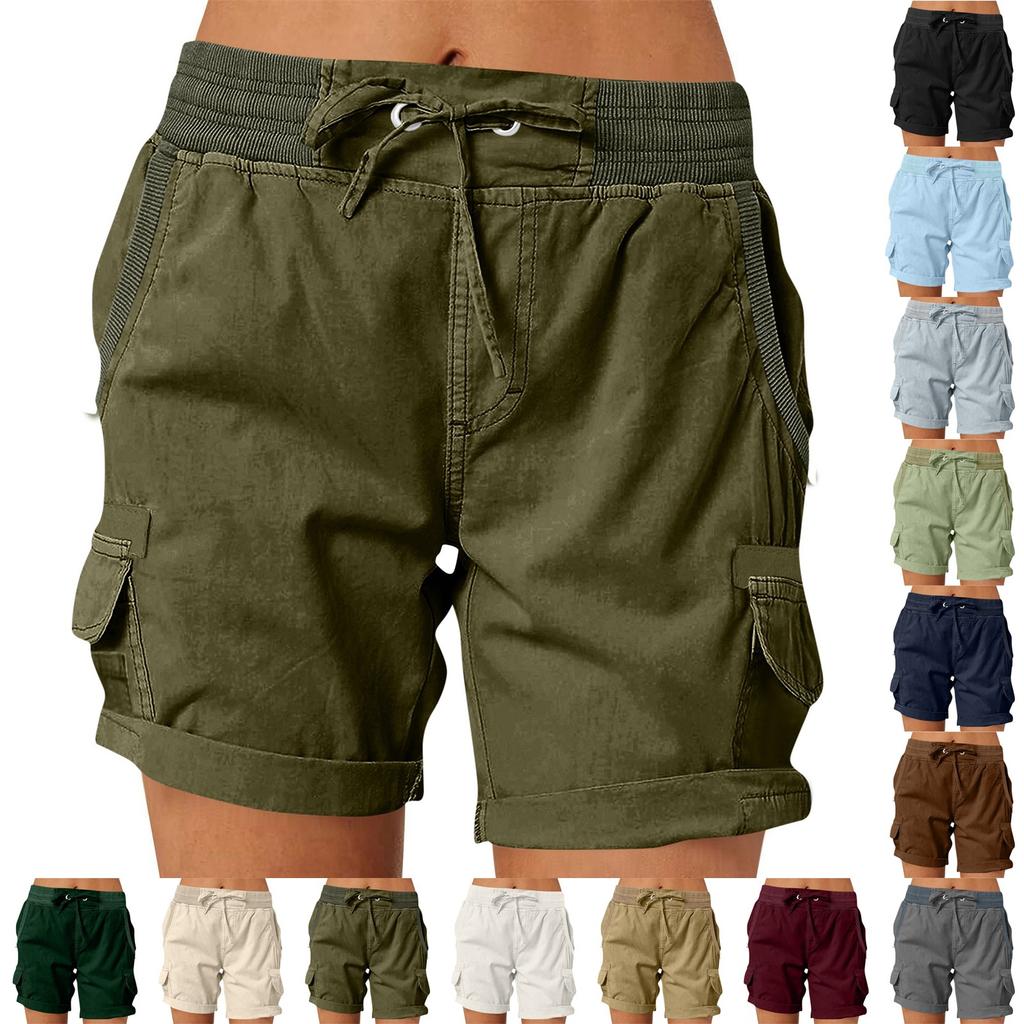 Women's Fashionable Solid Color Pocket Drawstring Casual Work Pants With Elastic Waist And Rolled Edge Five Quarter Shorts