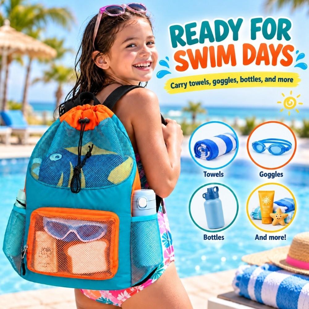 Breathable Mesh Kids Swim Backpack Quick Dry Drawstring Pool Sack Gym Activities
