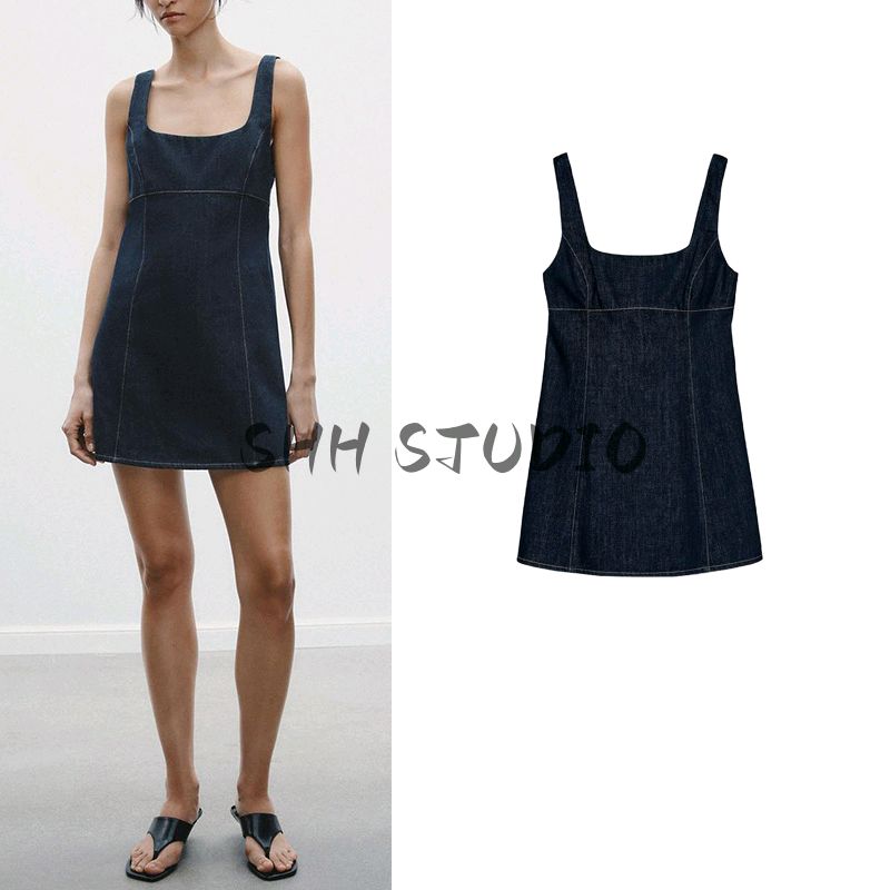 Spring New Women Clothes Comfortable and Versatile Sleeveless Square Collar Wide Shoulder Strap Short Demin Dress 6929085