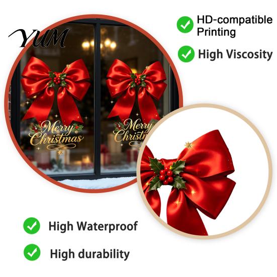 Seasonal Home Decoration Christmas Bow Window Sticker, Red Static Cling, Waterproof Holiday Glass Clings Removable PVC Decal for Windows Doors Decals