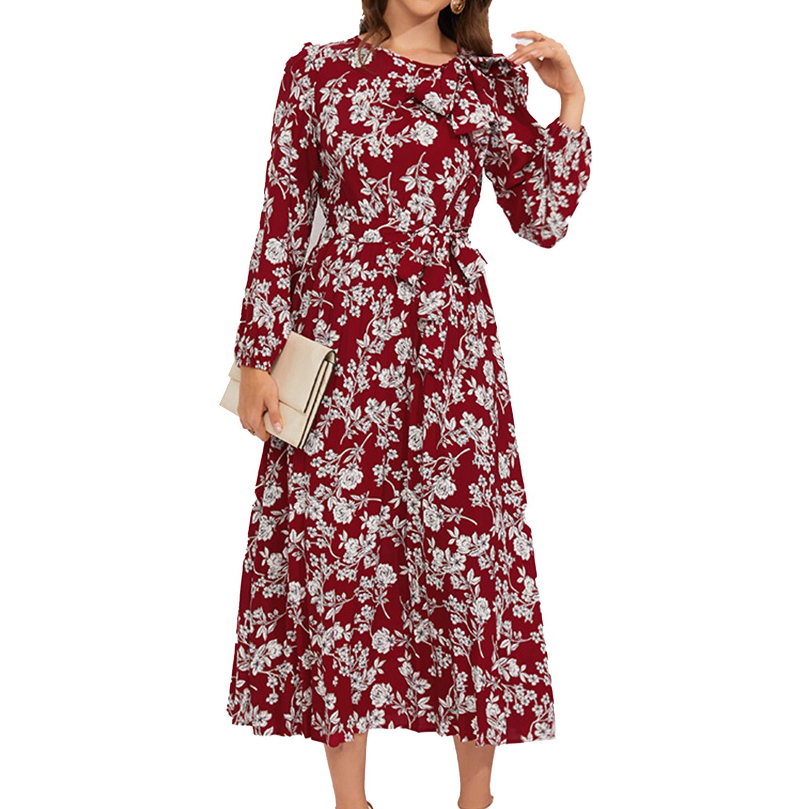 

Женское платье с цветочным принтом, длинными рукавами, круглым вырезом, бантом, ремешком на талии, повседневное, плиссированное, длинное L красный