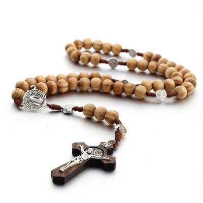 Handmade Wood Rosary Necklaces Catholic Cross Pendant Necklaces for Men Women Jewelry Christian Religious Prayer Gift