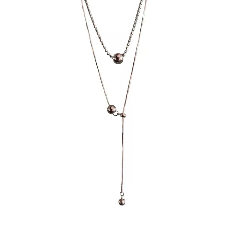Personality Design Silver Color Stainless Steel Beaded Ball Pendant Necklace For Women Double Layer Hip Hop Rock Chokers Jewelry