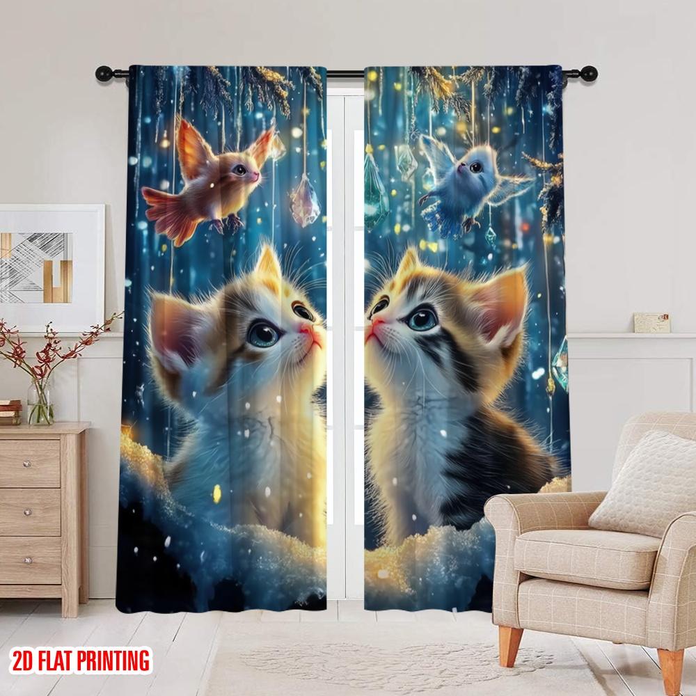 2pcs,2D Plane Printing Print Curtains Crystal Kittens Polyester Woven (without Rod) All Seasons for Living Room, Bedroom & Home