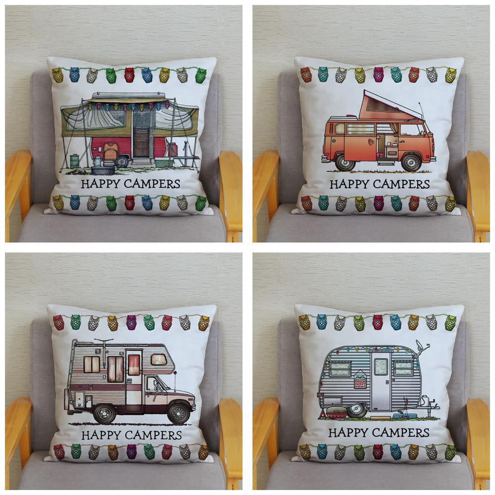 Throw Pillow Case Sofa Home Decor Owl Pillowcase Happy Campers Car Soft Short Plush Cushion Cover Print Pillow Covers 45*45cm