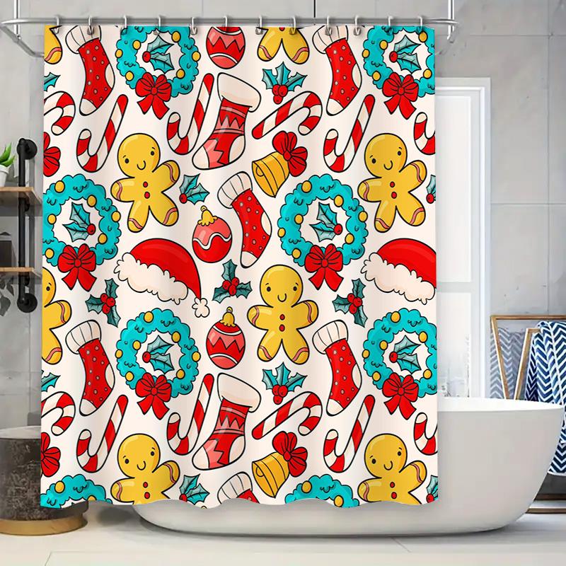 Christmas-themed shower curtains featuring gingerbread men, candy canes, holly wreaths, and Santa hats perfect for adding a fest 90x180cm