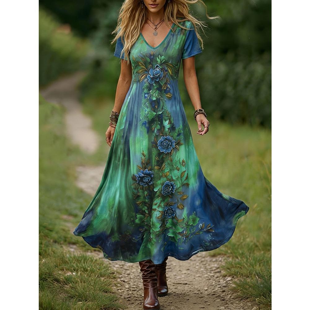 Женское винтажное платье с цветочным градиентным узором, вырезом V и коротким рукавом 1XL