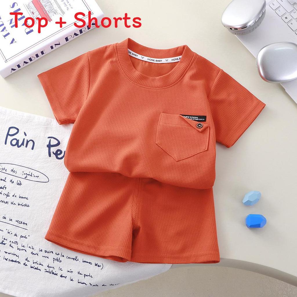 Kids Summer Waffle Short Sleeve Set With Soft Polyester For Toddler Active Play