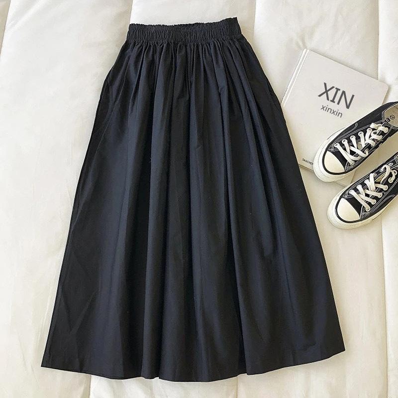 

Women s White Long Skirt High Waist A-Line Knee-Length Fashion Pockets Pleated Casual Elegant Skirts for Autumn S чёрный