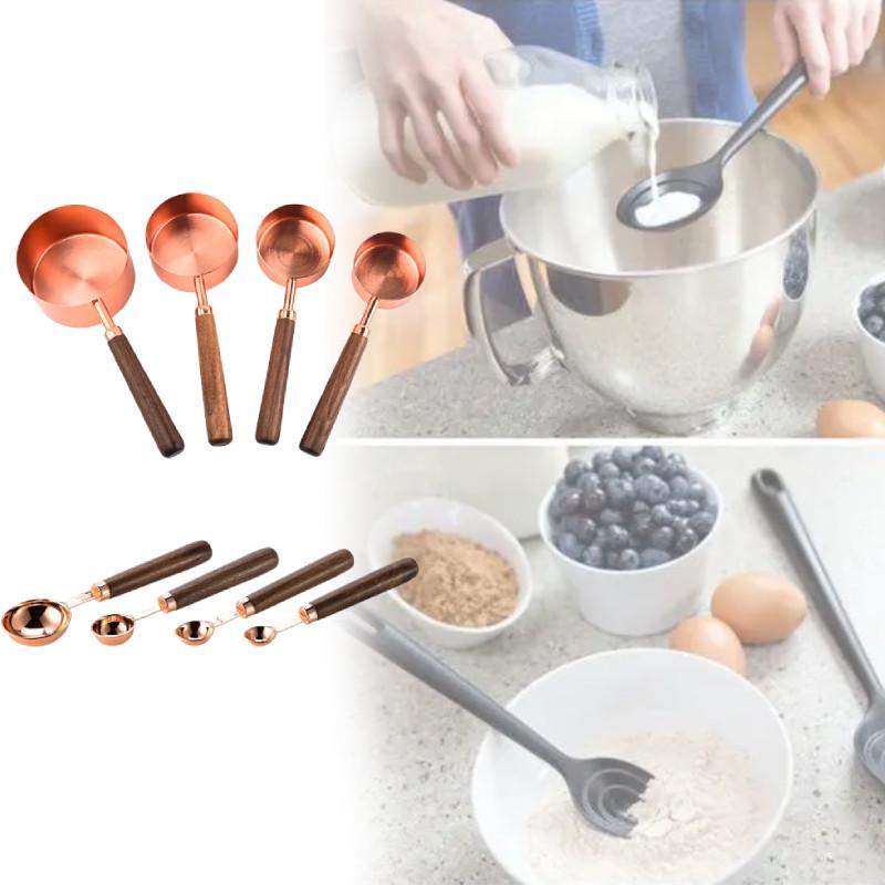 Rose Sleek Gold Stainless Steel Measuring Cup Spoon Set Wooden Baking Cooking
