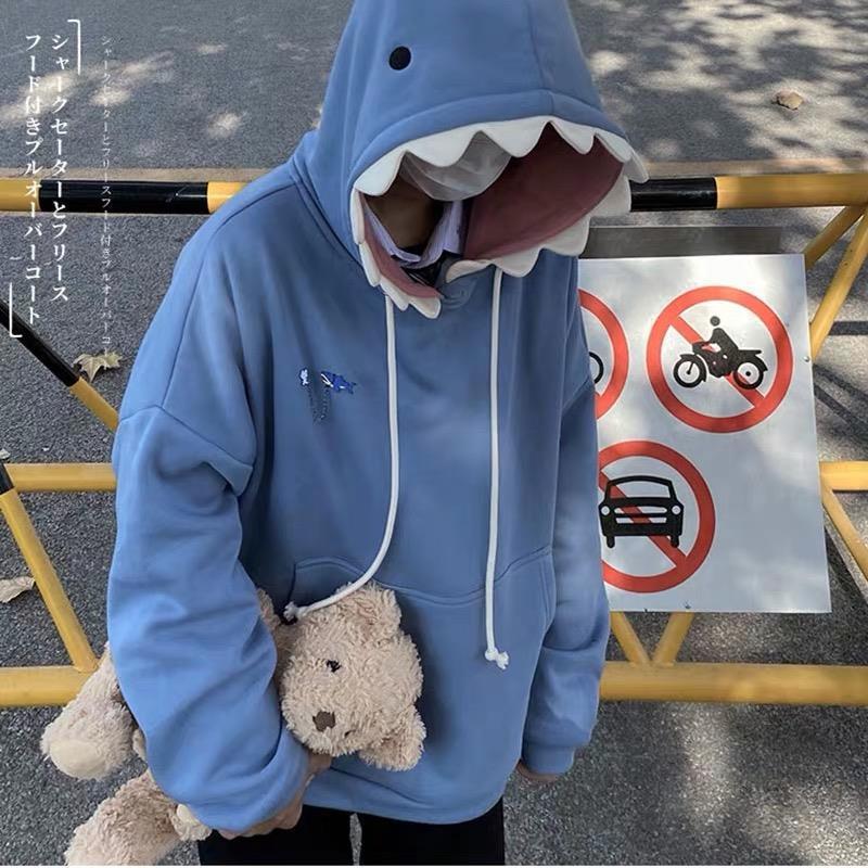 2022 Cute Japanese Soft Girl Shark Hat Fleece Sweatshirt - Funny, Loose, Winter Student Top