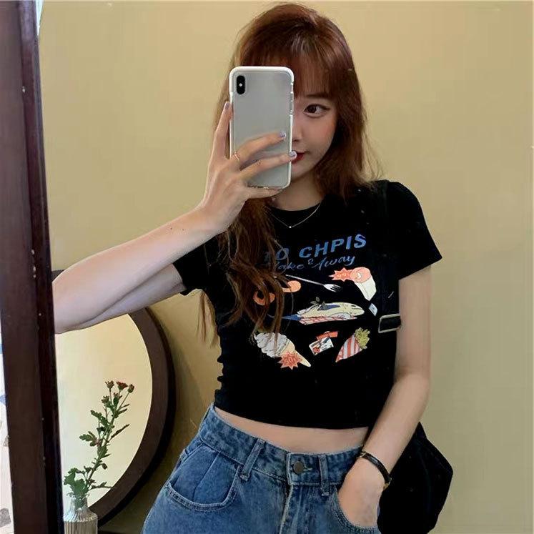 High Waist Navel-exposed Short T-shirt for Women's Slim Summer Top Short Sleeves