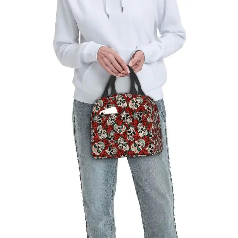 Sugar Skull And Roses Flowers Lunch Bag Women Thermal Cooler Insulated  Container for Student School Work Food Tote Bags