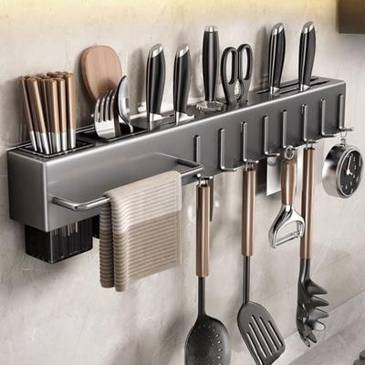 Besteckhalter für die Küche, Wandmontage, Cutterhalter mit Haken, Aufbewahrungsregal aus Karbonstahl für Löffel und Essstäbchen, rostbeständiges Küchenutensil