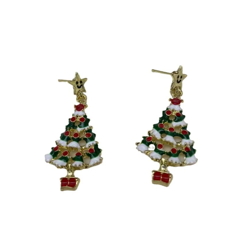 Christmas Colorful Cartoon Jewelry Cute Dripping Oil Christmas Tree Stud Earrings Europe and America Cross Border Hot Sale Stud Earrings for Women