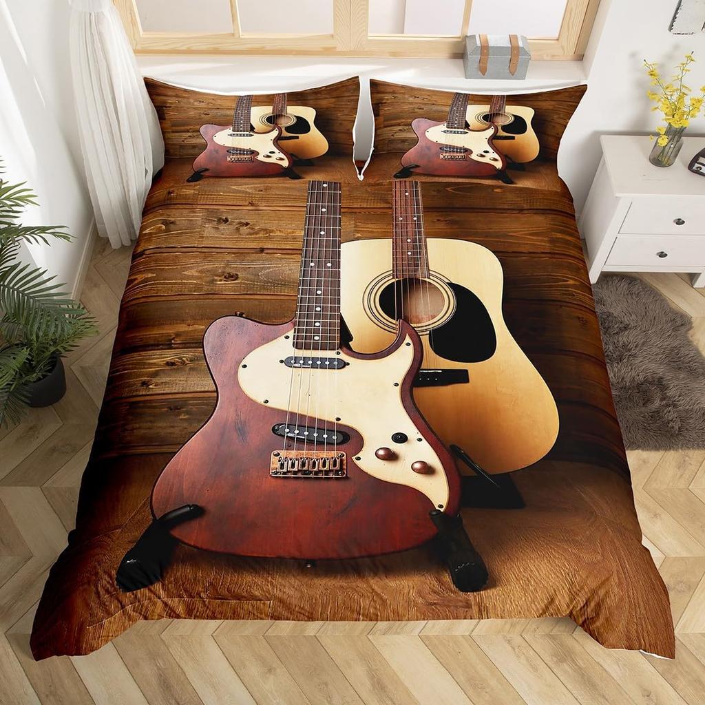 Guitar Duvet Cover Twin,Modern Music Themed Bedding Set Kids Cool Hip Pop Inspired Bed Cover,Musical Instrument Comforter Cover